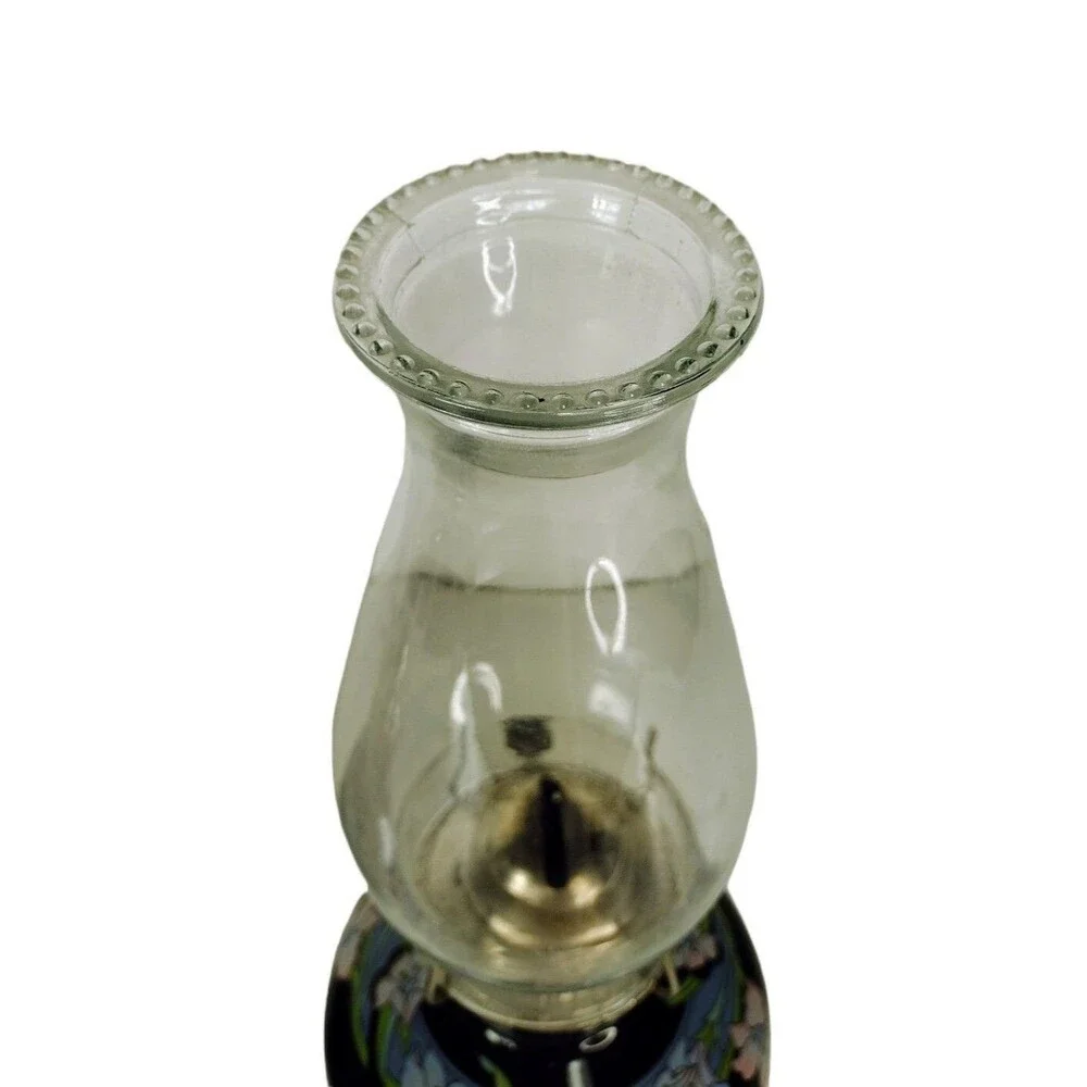 Kaadan LTD 80s Vintage Hand-Painted Black Glass Bamboo Floral Design Oil Lamps